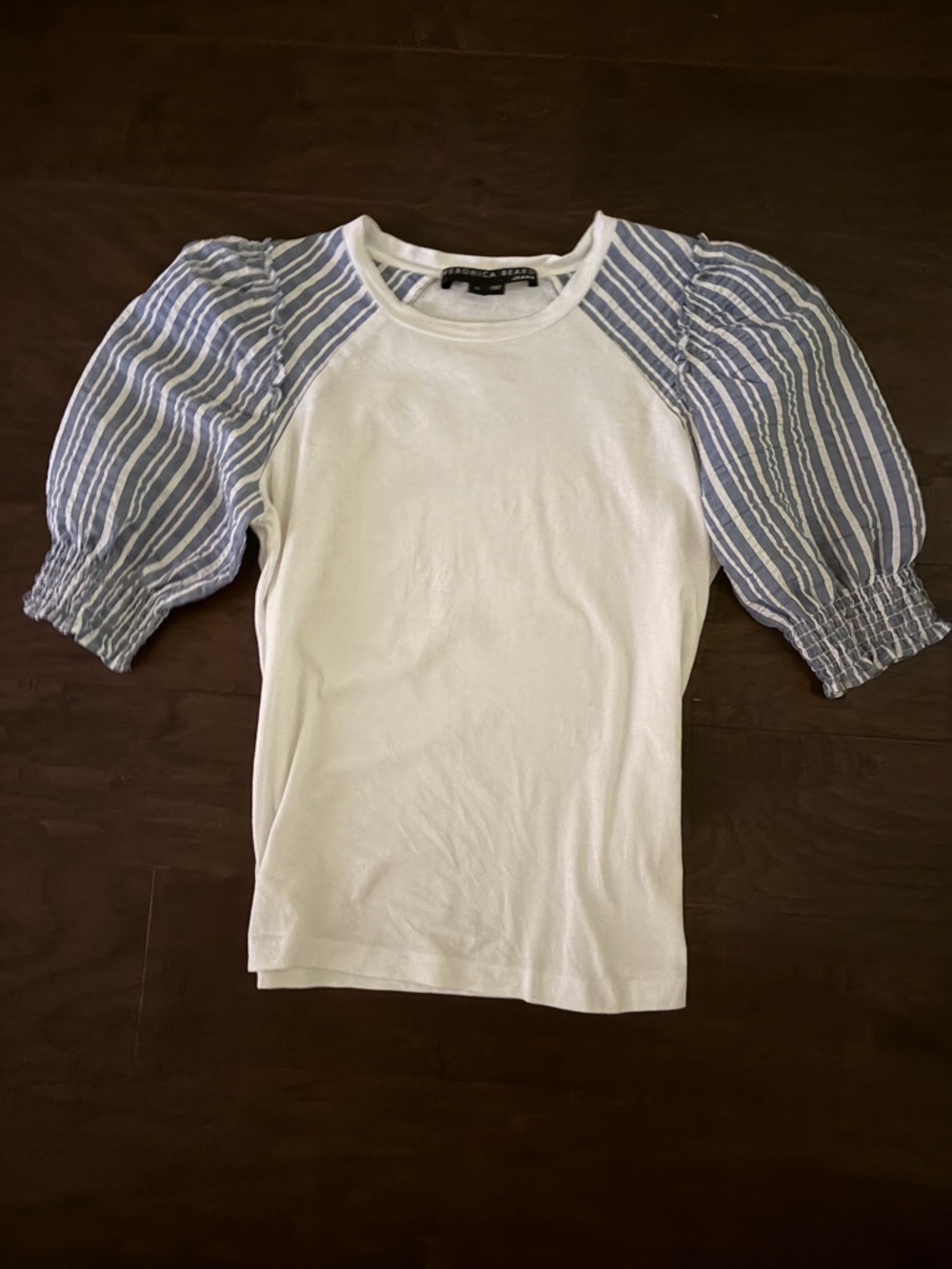 Veronica Beard White Tee with Blue Striped Puff Sleeves
